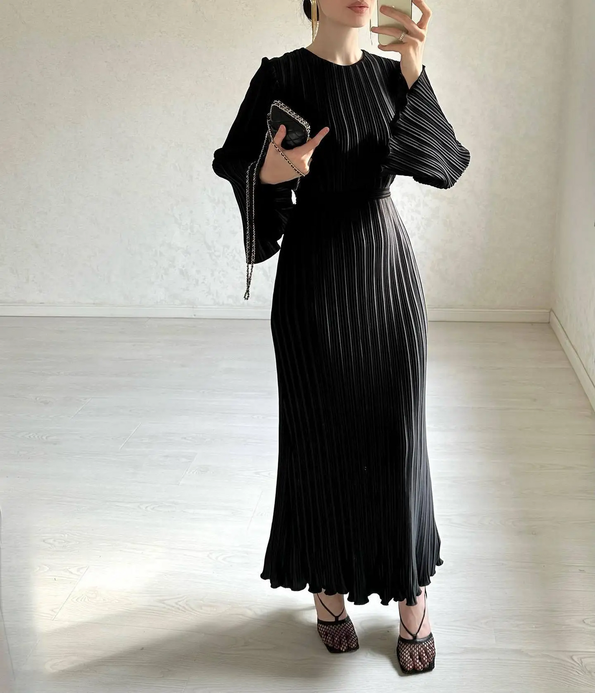 Plissé Pleated Long Sleeve Ruffle Cuff High Neck Bodycon Maxi Dress - View 2