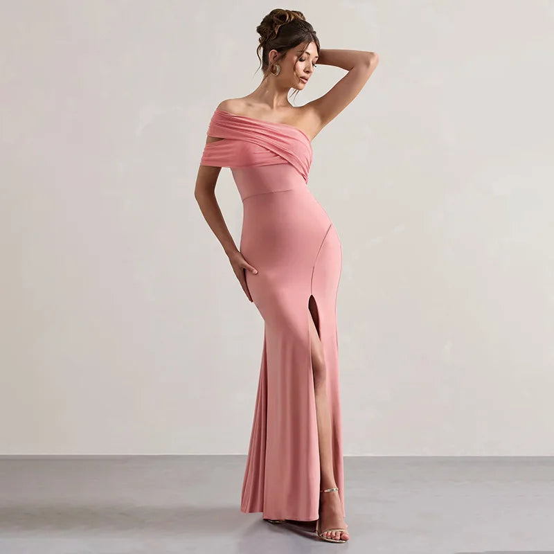 Solid One Shoulder Mesh Slit Long Dress - View 3