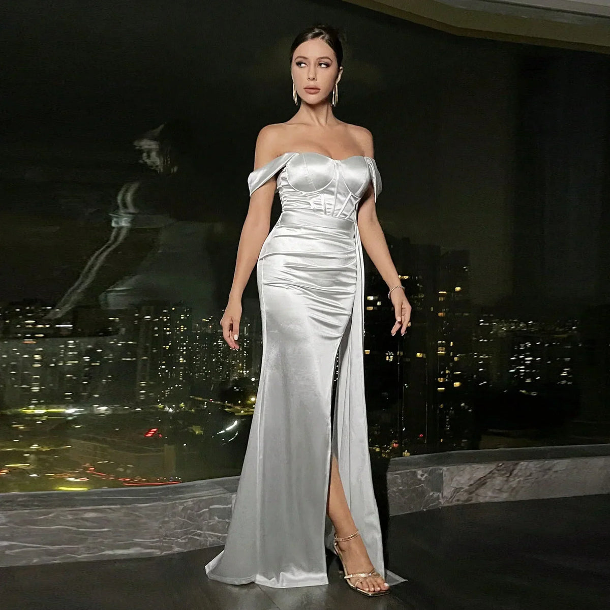 Off Shoulder Satin Mermaid Maxi Dress - View 5