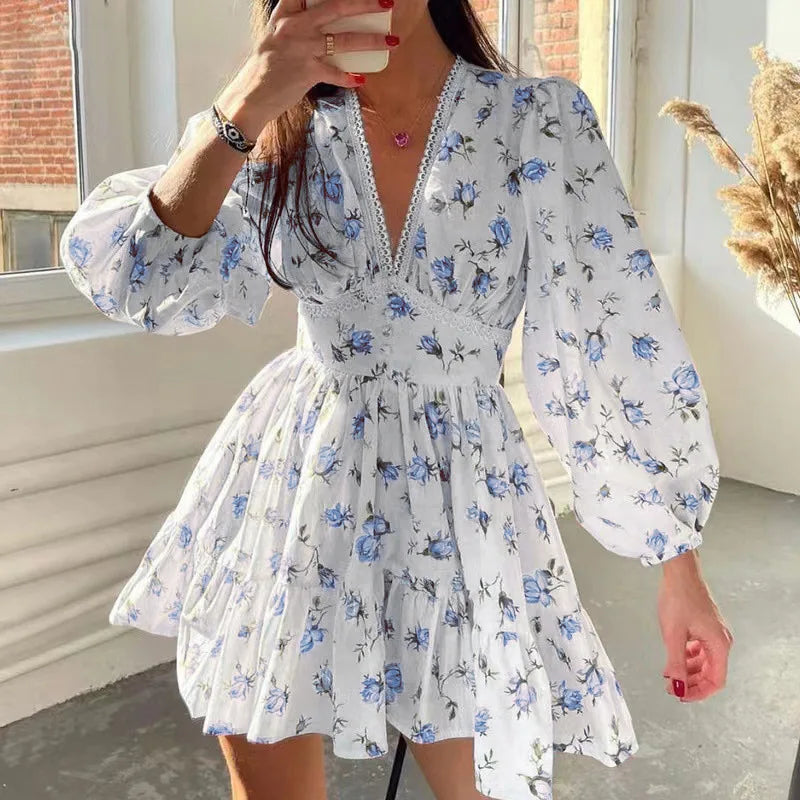 V-Neck Lace Edge Floral Midi Dress - View 4