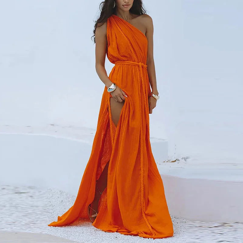Braided Rope Trim One Shoulder Belted High Split Maxi Dress - View 2