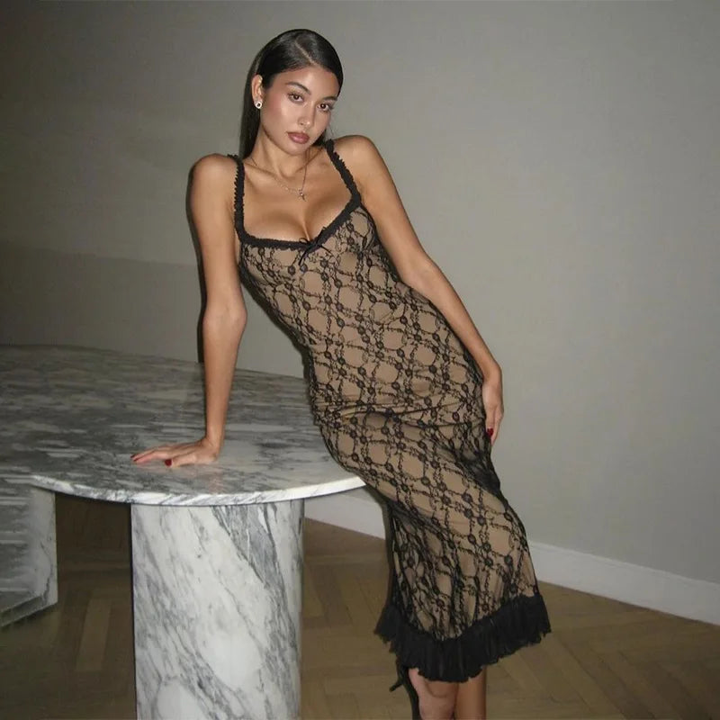 Mesh Lace Plunge Neck Midi Dress - View 2