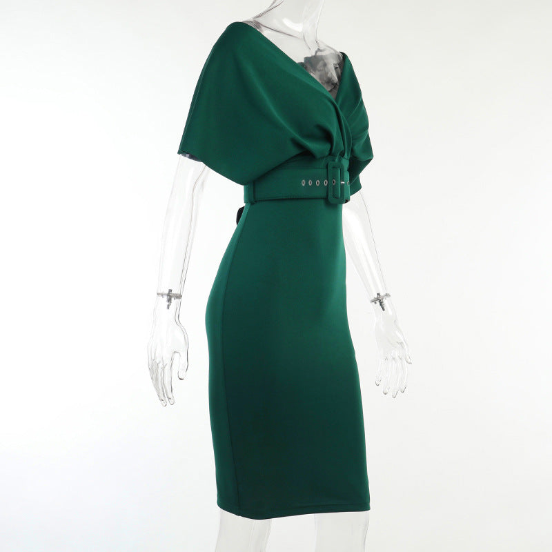 Satin Deep V-Neck Batwing Sleeve Belted Bodycon Midi Dress 36