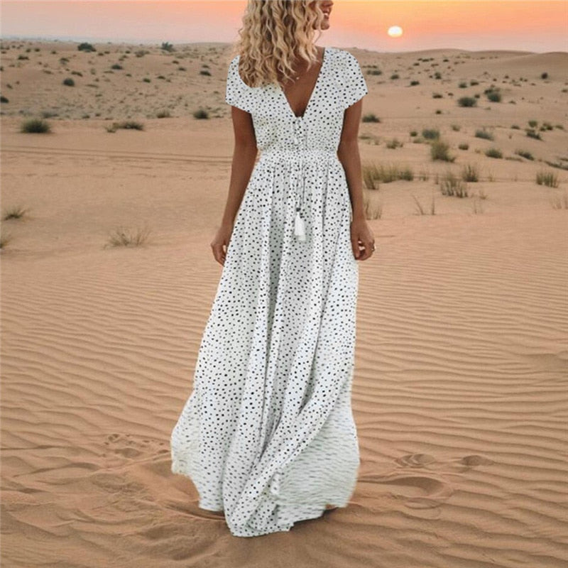 Short Sleeve Deep V-Neck Polka Dot Drawstring Waist Tassel Dress - View 13