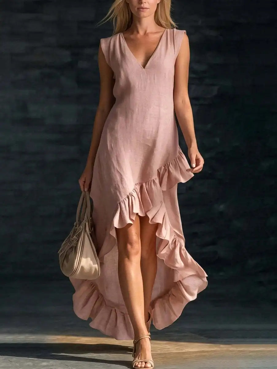 V-Neck Sleeveless Ruffle Hem High Low Maxi Dress 8