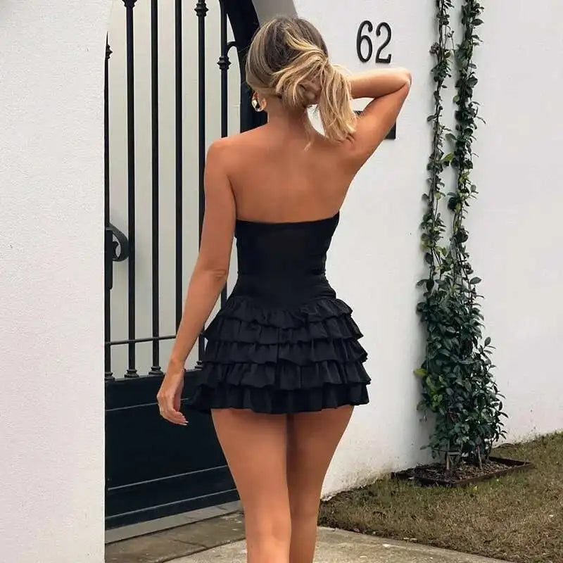 Strapless Grommet Trim Tiered Ruffle Fit and Flare Mini Dress - View 2
