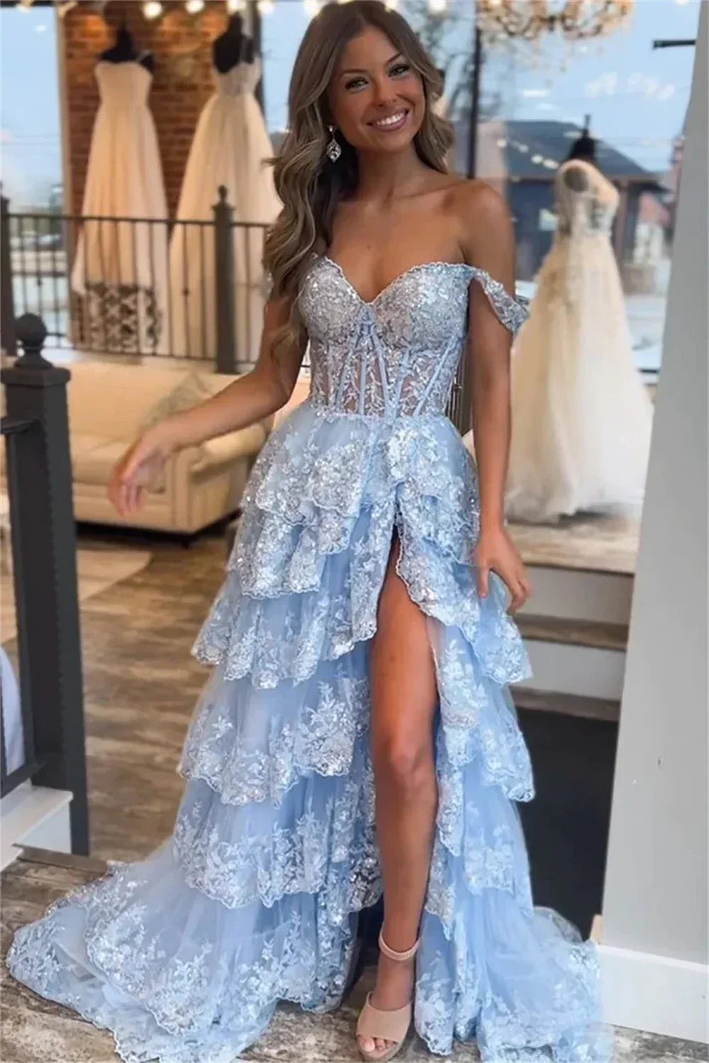 Sequin Lace Sweetheart Corset Tiered High Split Prom Gown - View 4