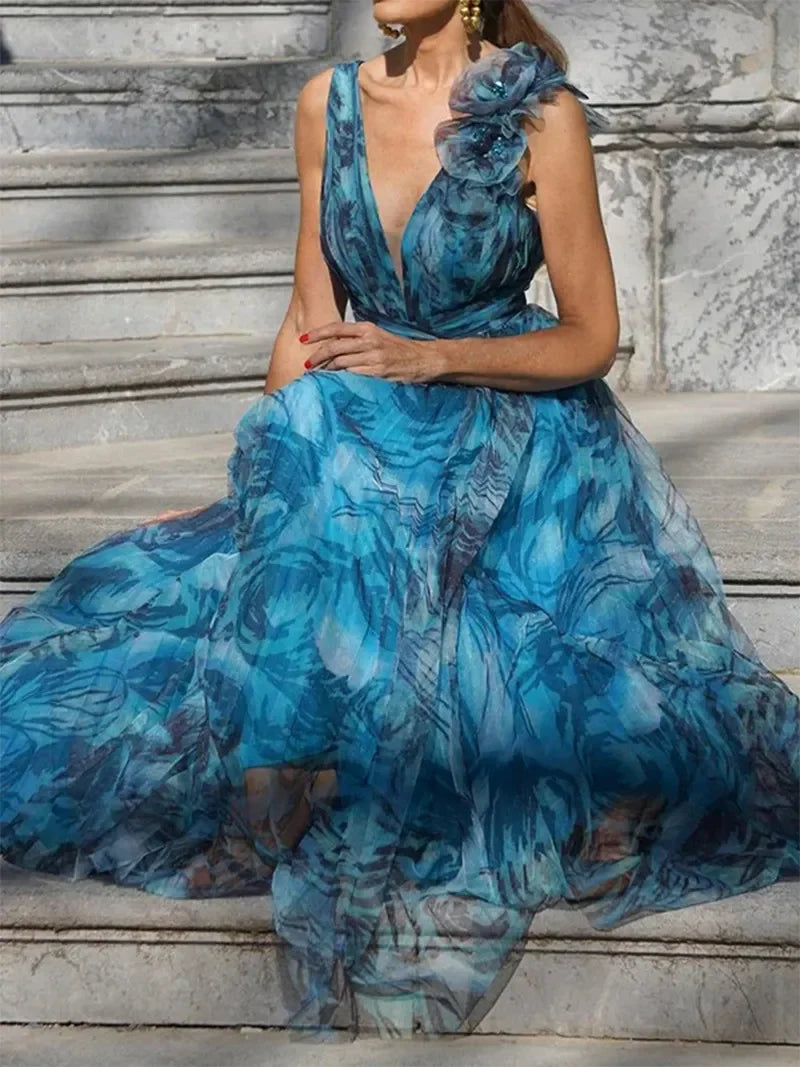 Marble Print Chiffon Deep V-Neck Ruffle One Shoulder Maxi Gown - View 2