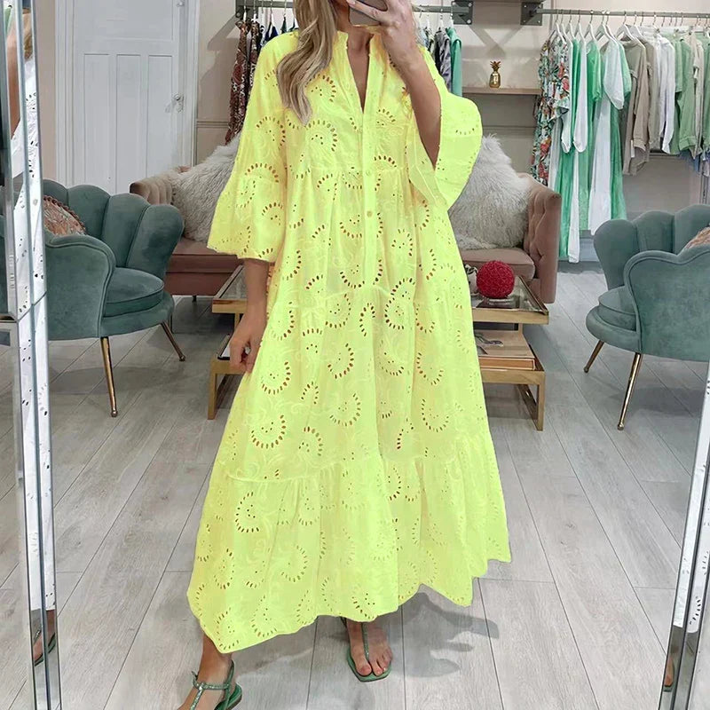 Lace Eyelet Bell Sleeve Button Front Tiered Ruffle Maxi Dress - View 2