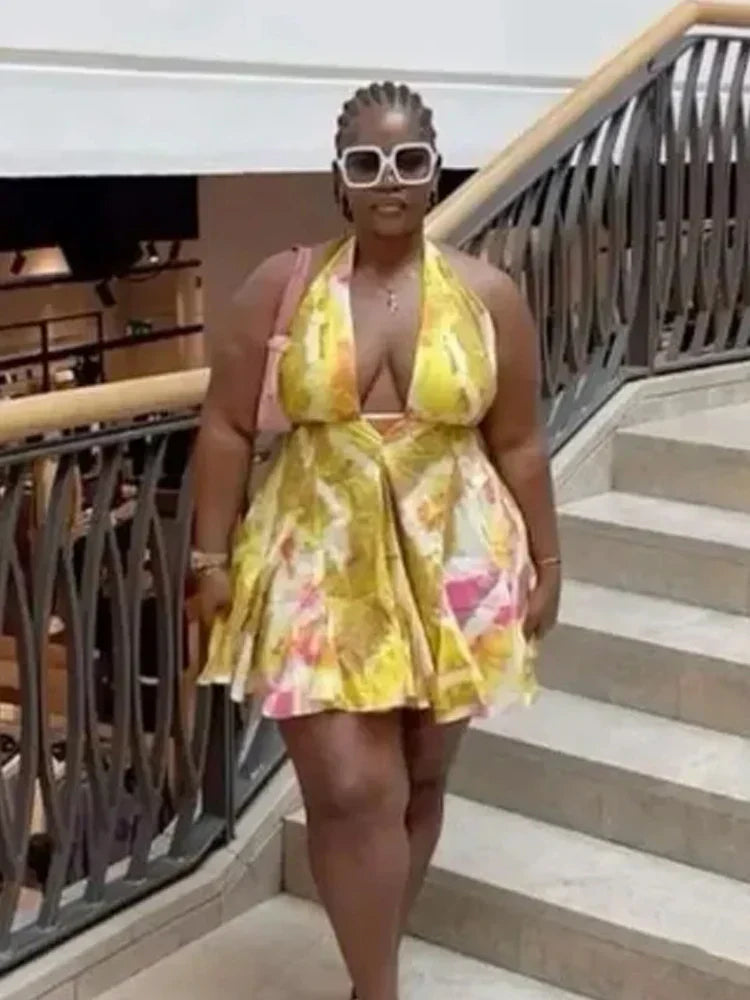 Halter Tie Dye Ruffle Hem Bandage Mini Dress - View 4