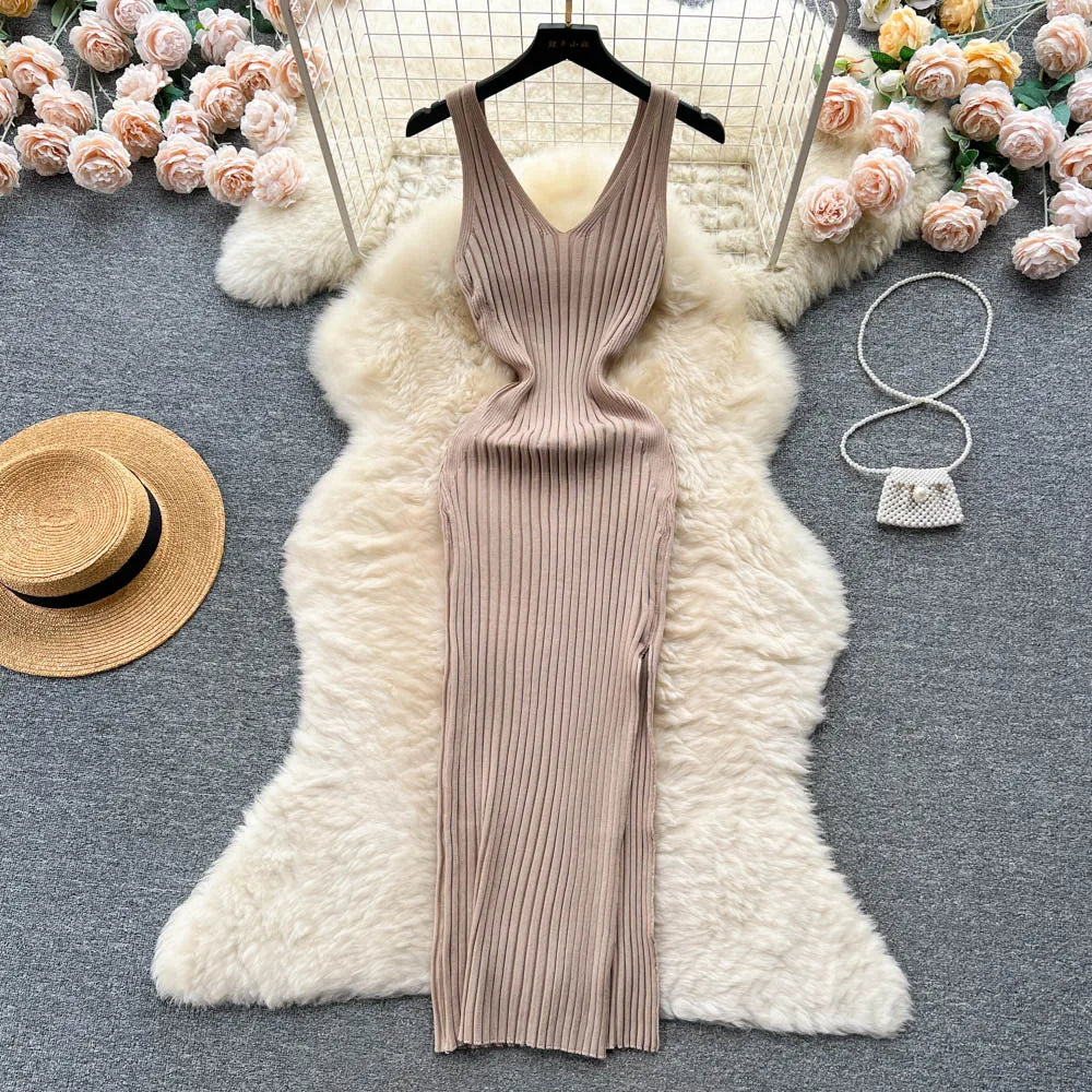 Ribbed Knit V-Neck Sleeveless Cut Out High Split Bodycon Maxi Dress - View 4