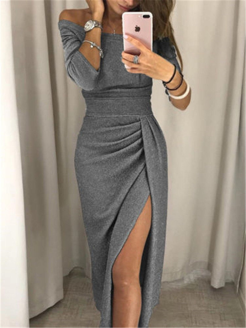 Glitter Off Shoulder Three Quarter Sleeve Ruched Wrap Midi Dress - View 7