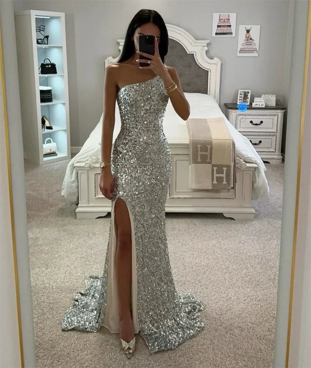 Silvery Sequin Split Mermaid Party Dress