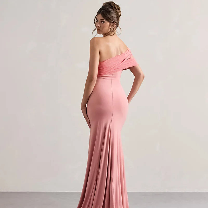 Solid One Shoulder Mesh Slit Long Dress - View 6