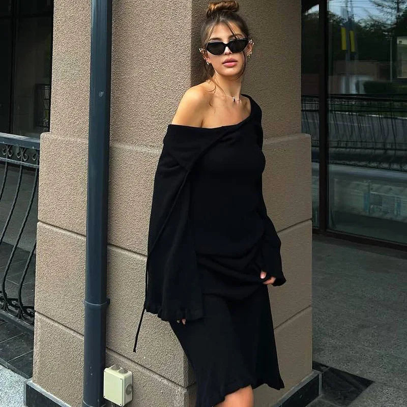Rib Knit Deep V-Neck Bell Sleeve Bodycon Midi Dress - View 8