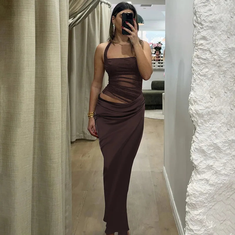 Mesh Halter Neck Backless Ruched Bodycon Maxi Dress 27