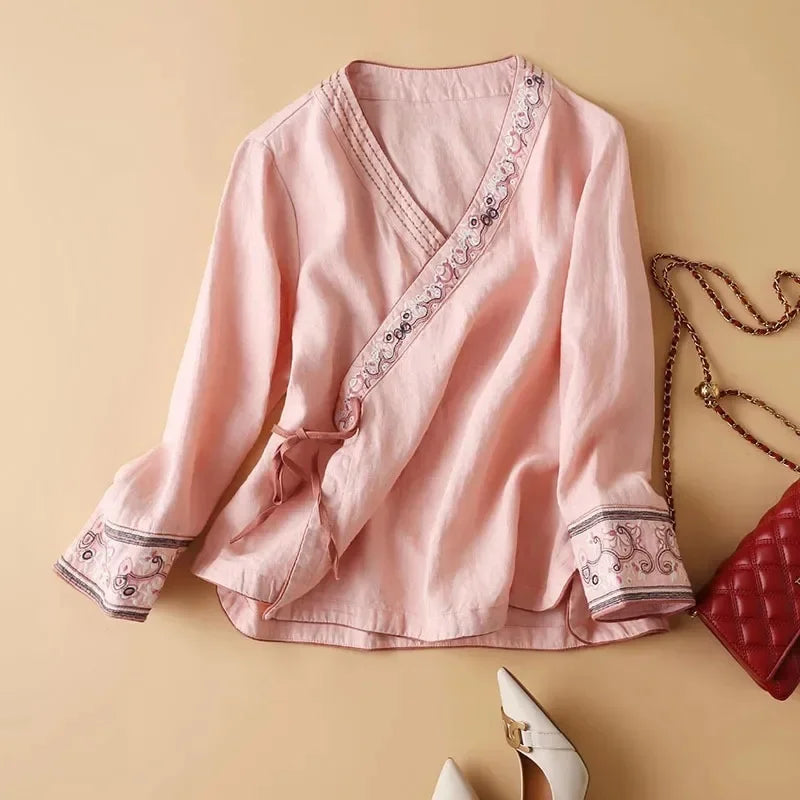 Embroidered Trim V-Neck Long Sleeve Wrap Blouse 29