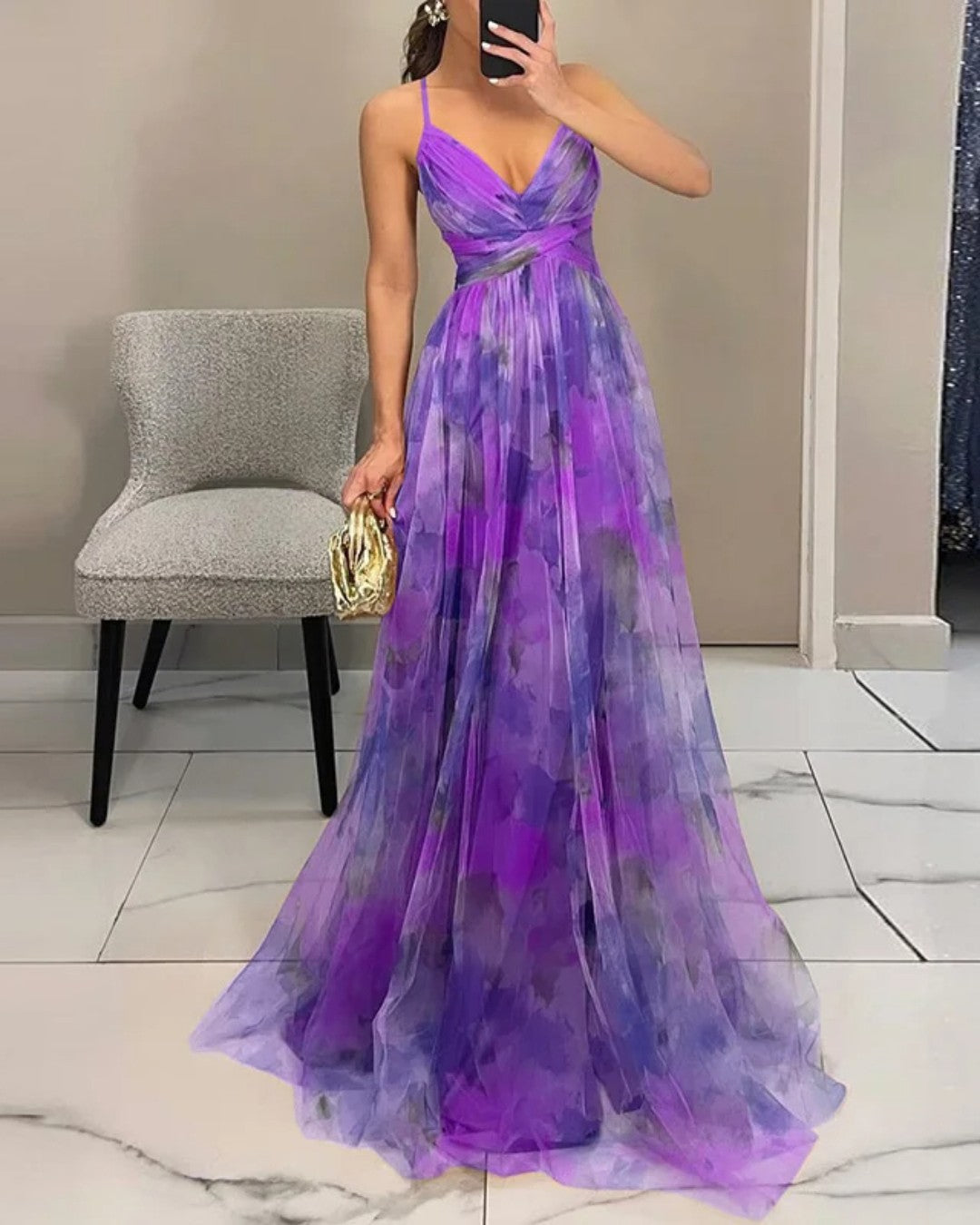 Floral Print Chiffon Deep V-Neck Ruched Waist A-Line Maxi Dress 10