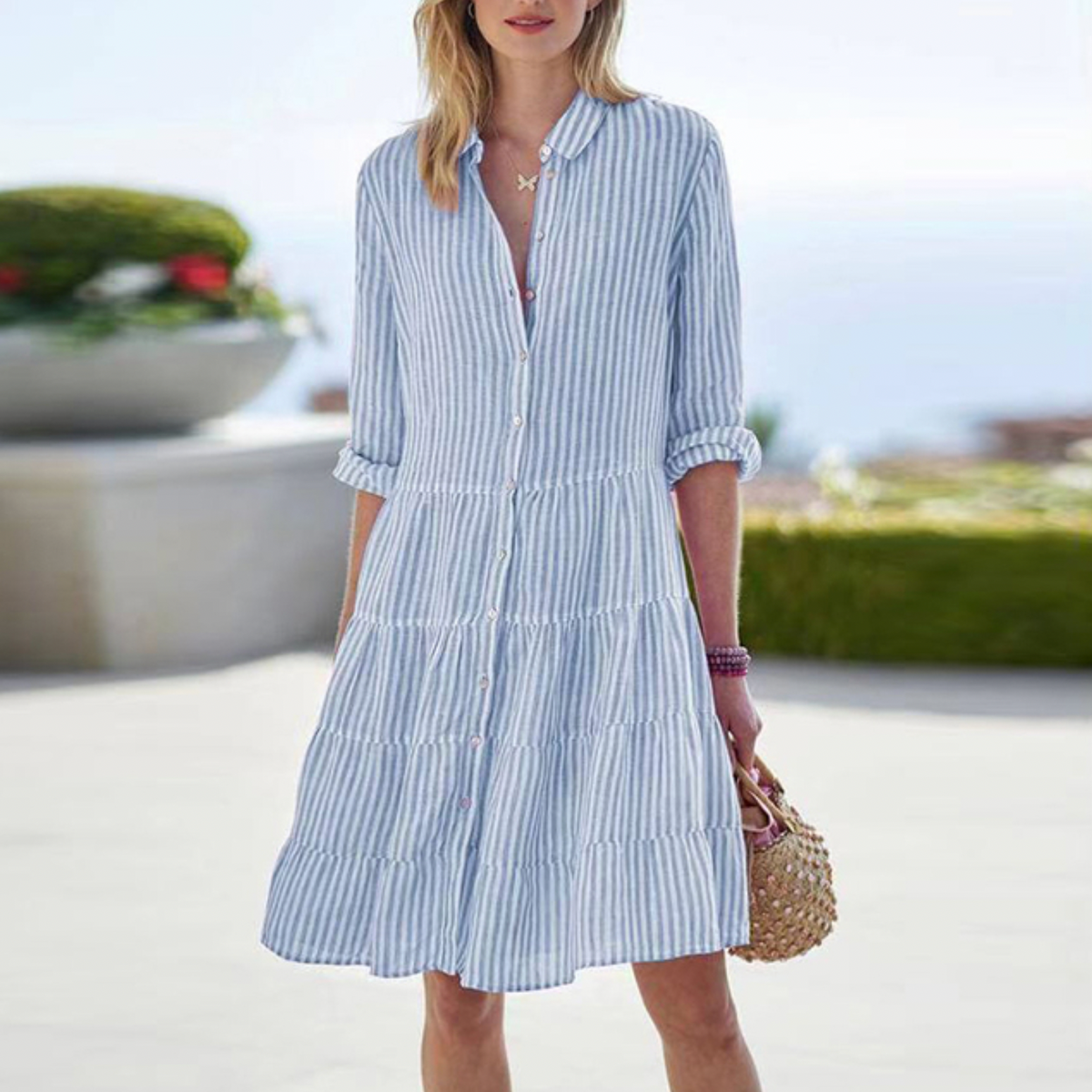 Vertical Stripe Button Down Collar Tiered Long Sleeve Mini Shirt Dress - View 5