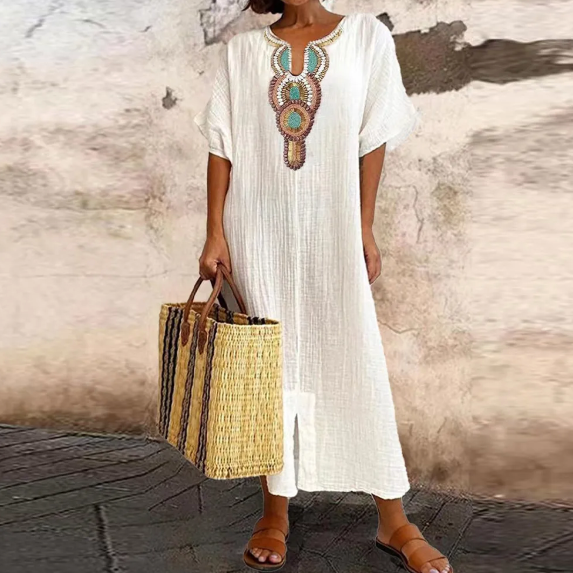 Embroidered Medallion V-Neck Short Sleeve Kaftan Maxi Dress - View 3