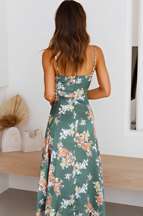 Floral Print Tie Front Cut Out Spaghetti Strap High Split Maxi Dress - View 6