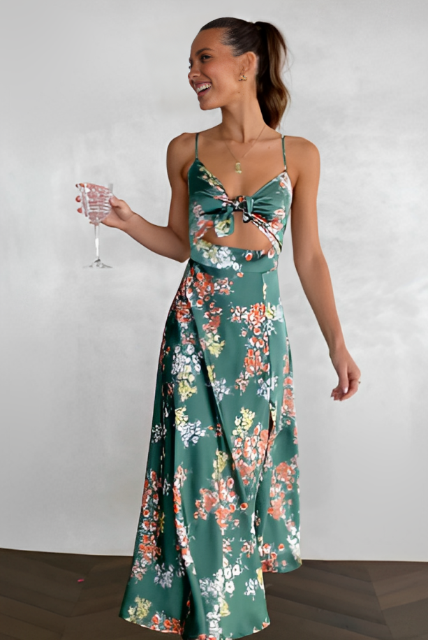Floral Print Tie Front Cut Out Spaghetti Strap High Split Maxi Dress - View 4