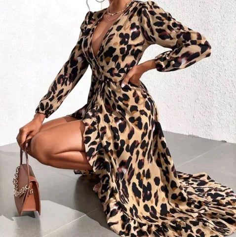Leopard Print Wrap Deep V-Neck Long Sleeve Maxi Dress - View 4