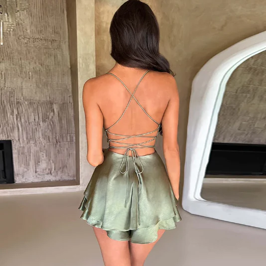Satin Cowl Neck Lace Up Back Ruffle Skater Mini Dress 6