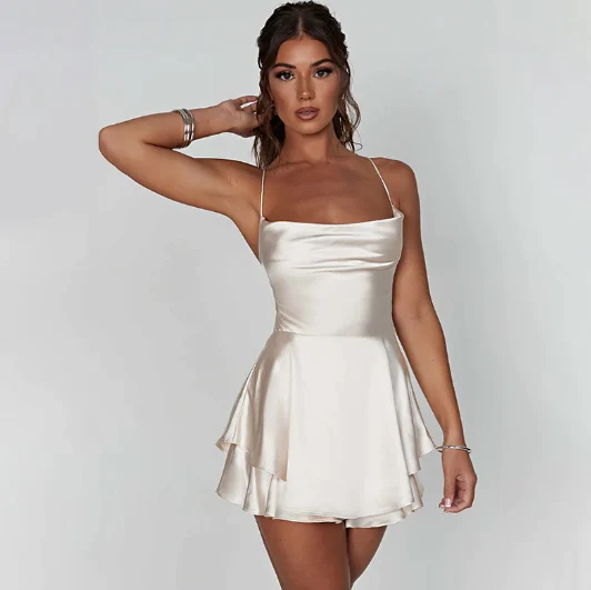 Satin Cowl Neck Lace Up Back Ruffle Skater Mini Dress 2