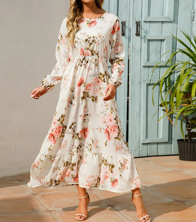 Floral Print Bishop Sleeve Elastic Waist Tiered Ruffle Maxi Dress - View 3