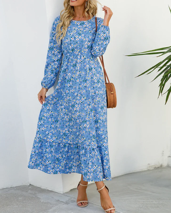 Floral Print Bishop Sleeve Elastic Waist Tiered Ruffle Maxi Dress - View 4