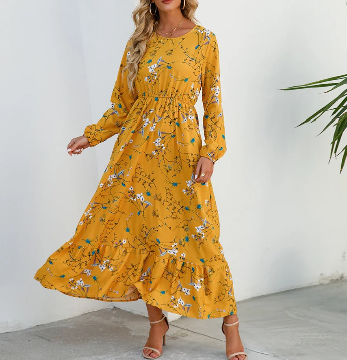Floral Print Bishop Sleeve Elastic Waist Tiered Ruffle Maxi Dress - View 5