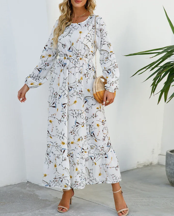 Floral Print Bishop Sleeve Elastic Waist Tiered Ruffle Maxi Dress - View 7