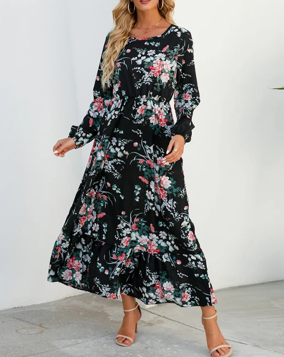 Floral Print Bishop Sleeve Elastic Waist Tiered Ruffle Maxi Dress - View 8