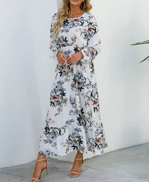 Floral Print Bishop Sleeve Elastic Waist Tiered Ruffle Maxi Dress - View 9