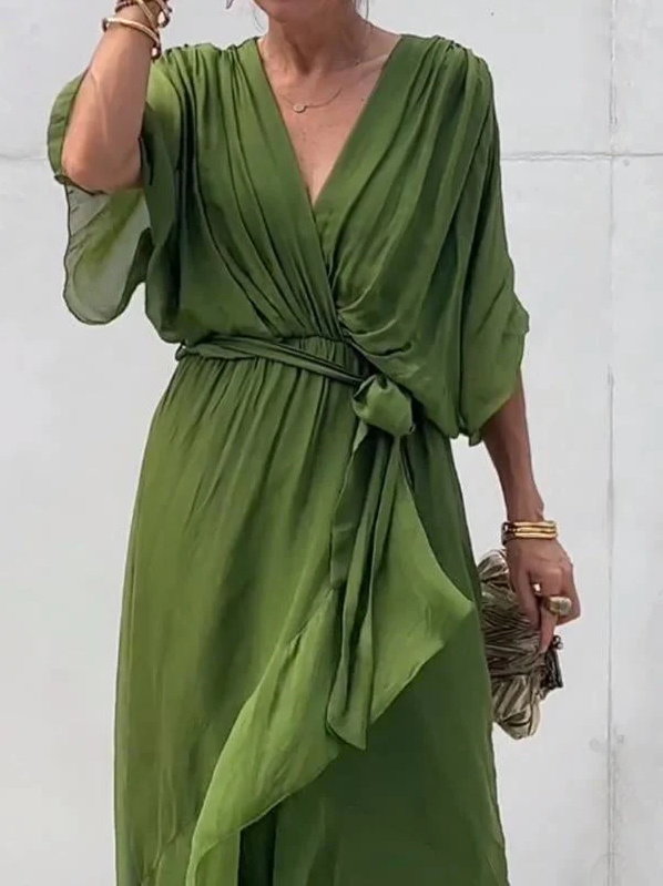 Pleated Chiffon Wrap V-Neck Kimono Sleeve Tie Waist Ruffle Maxi Dress