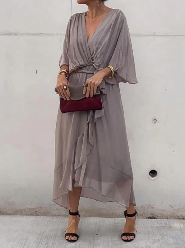 Pleated Chiffon Wrap V-Neck Kimono Sleeve Tie Waist Ruffle Maxi Dress - View 10