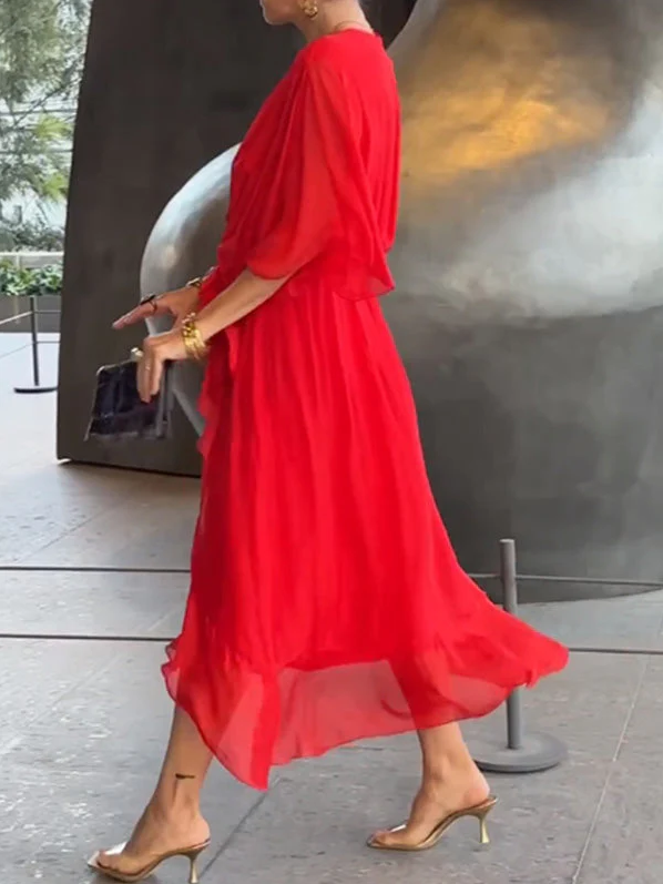 Pleated Chiffon Wrap V-Neck Kimono Sleeve Tie Waist Ruffle Maxi Dress - View 12