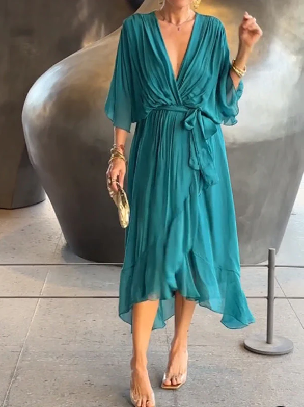Pleated Chiffon Wrap V-Neck Kimono Sleeve Tie Waist Ruffle Maxi Dress - View 9