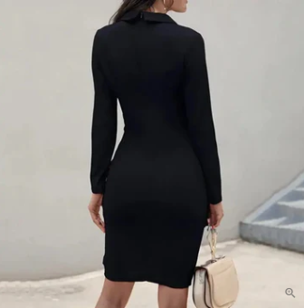 Long Sleeve Lapel Collar Back Zip Bodycon Knee Length Cocktail Dress - View 3