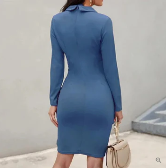 Long Sleeve Bodycon Pointed Collar Cocktail Midi Dress