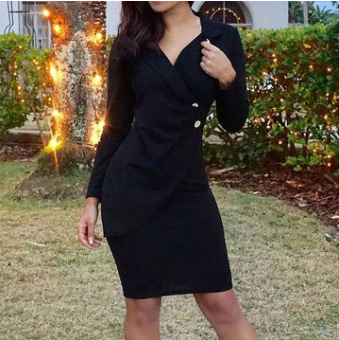 Long Sleeve Lapel Collar Back Zip Bodycon Knee Length Cocktail Dress - View 5