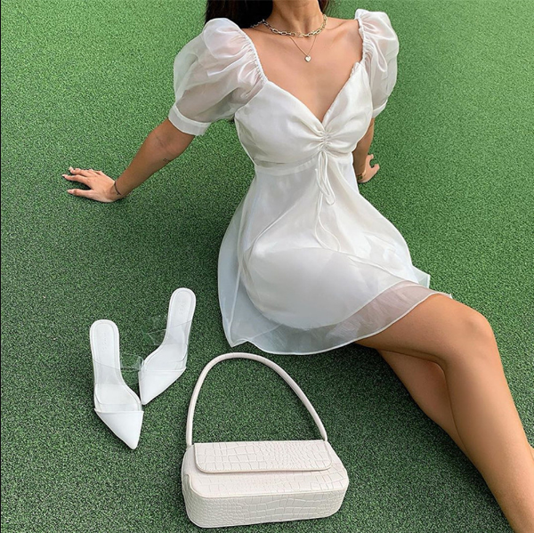 Sheer Puff Sleeve Ruched Tie Front Sweetheart Mini Dress