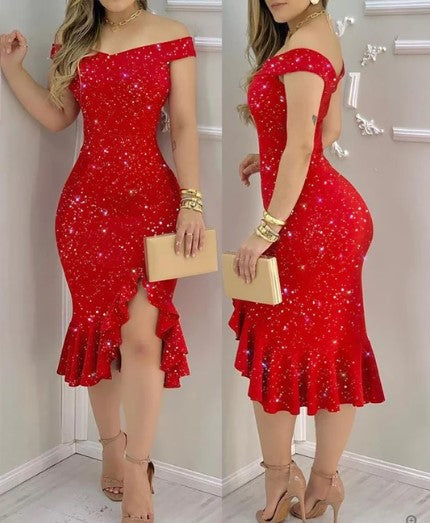 Off Shoulder Floral Ruffle Hem Bodycon Midi Cocktail Dress - View 5