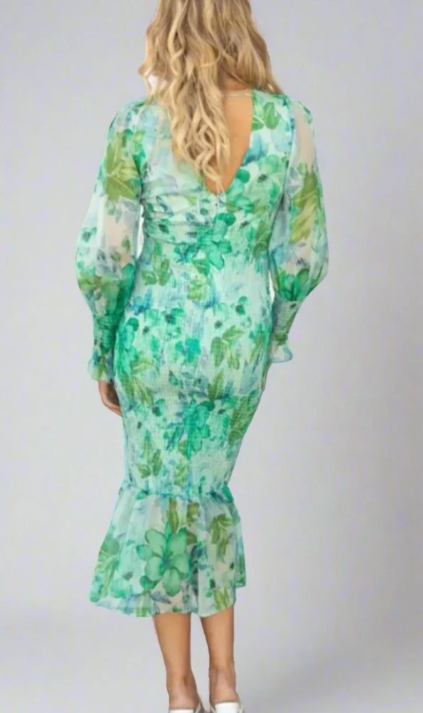 Floral Chiffon Deep V-Neck Long Sleeve Mermaid Midi Dress - View 3