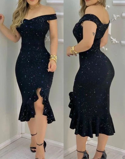Off Shoulder Floral Print Ruffle Hem Bodycon Midi Dress - View 3