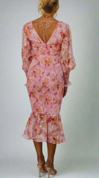 Floral Chiffon Deep V-Neck Long Sleeve Mermaid Midi Dress - View 4