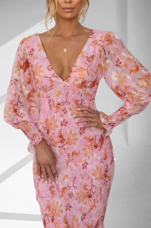 Floral Chiffon Deep V-Neck Long Sleeve Mermaid Midi Dress - View 5