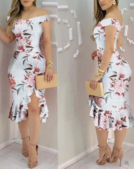 Off Shoulder Floral Print Ruffle Hem Bodycon Midi Dress