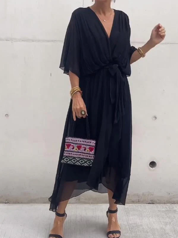 Pleated Chiffon Wrap V-Neck Kimono Sleeve Tie Waist Ruffle Maxi Dress - View 5